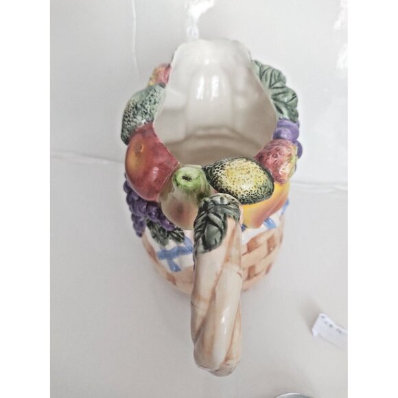 Majolica Ceramic Raised Harvest Fruits JUG Wicker Basket Design 7 1/2" Tall - Picture 6 of 11